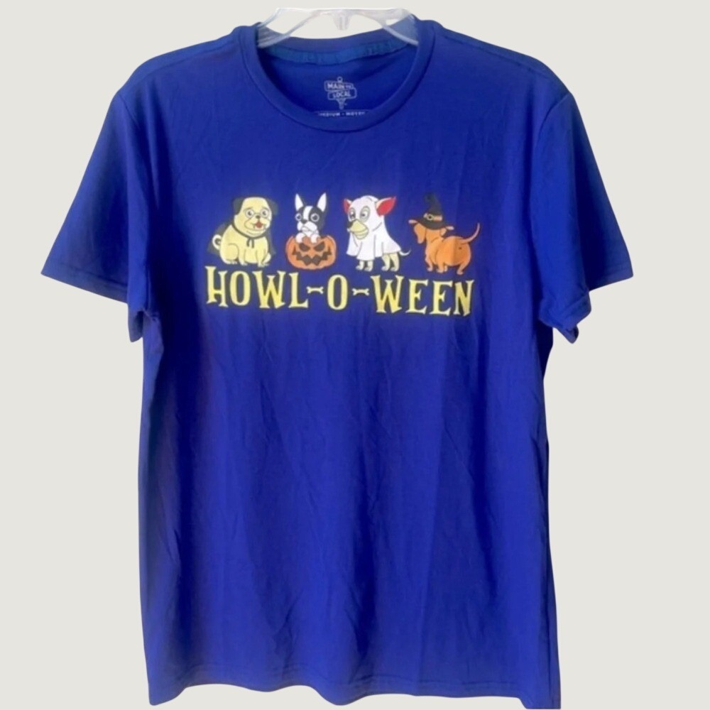 Main and Local Howl O Ween Dog Graphic Tee Blue Mens Medium Halloween Shirt